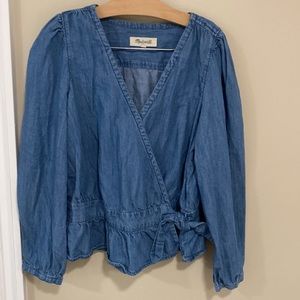 Madewell Denim Puff Sleeve Peplum Tie Wrap Top